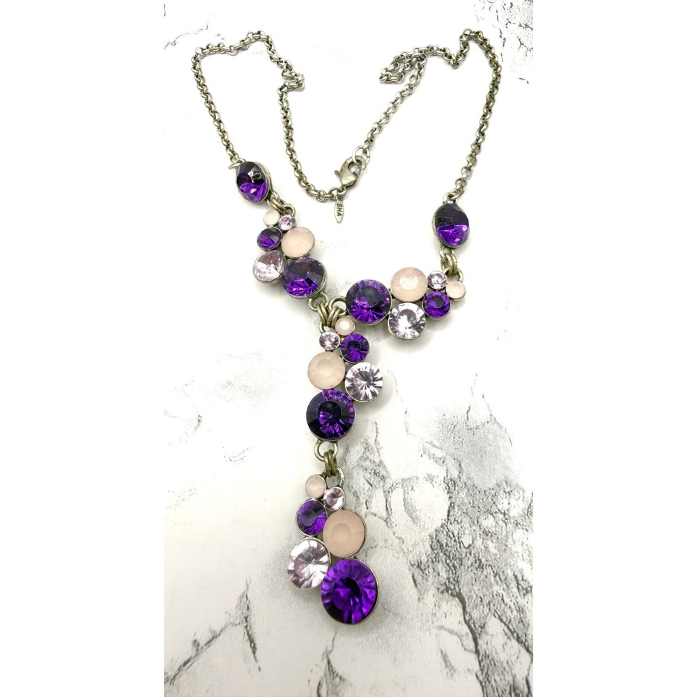 SHA Purple Rhinestone Y‎ Necklace Lavender Pink Glass Drop Pendant